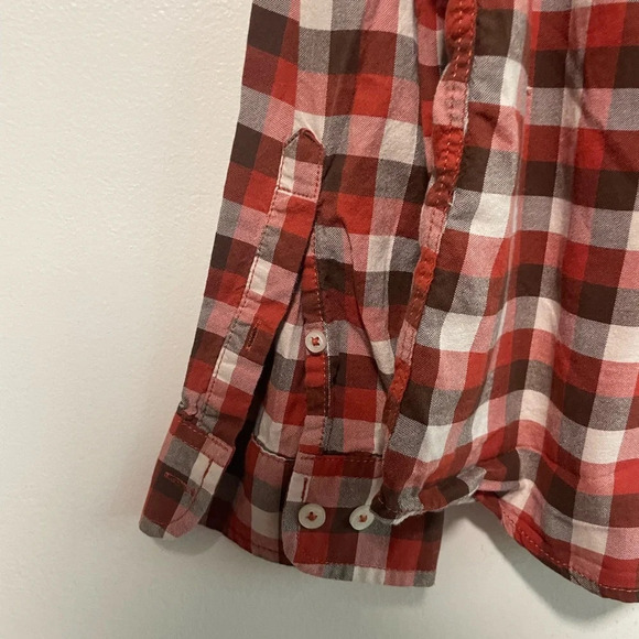 George Modern Button-Up Orange Brown  & White Plaid Shirt: - Medium - Picture 8 of 9